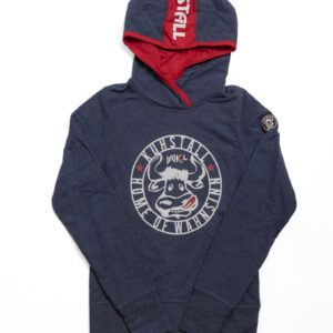 Der Damen Hoody navy-melange von Shop Kuhstall zeigt auf der Vorderseite eine kreisrunde Cartoon-Kuh-Grafik mit Sternen und „Kräkl“. Er hat eine rot gefütterte Kapuze mit „Käpt’n Stähl“ oben drauf und ein kleines Patch auf dem rechten Ärmel sorgt für zusätzlichen Flair.