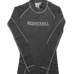 Die Damen Skiunterwäsche ist ein graues Langarmshirt mit weißem „KUHSTALL“-Aufdruck auf der Brust, hellgrauen Nahtakzenten und Größenangaben auf dem Kragenschild. Es wird flach auf weißem Hintergrund dargestellt.