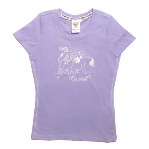 Lila Damen-T-Shirt mit weißem "Mir Zwoa" Schriftzug auf der Vorderseite.