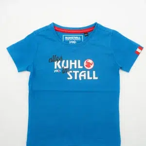 Blaues Kinder-T-Shirt mit weißem „Alles Kuhstall“ Schriftzug auf der